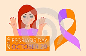 World Psoriasis Day in October 29th. Sad cute girl and orange purple ribbon are shown