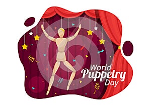 World Puppetry Day Vector Illustration on March 21 for Puppet Festivals which is moved by the Fingers Hands in Flat Kids Cartoon