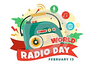 World Radio Day Vector Illustration on 13 February for Communication Media Used and Listening Audience in Flat Cartoon Background