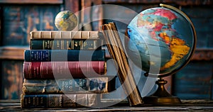 A world of reading: diverse language books stacked beside a globe, symbolizing literacy's global impact