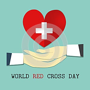 World Red Cross and Red Crescent day, White cross on a red heart above hands. Illustration