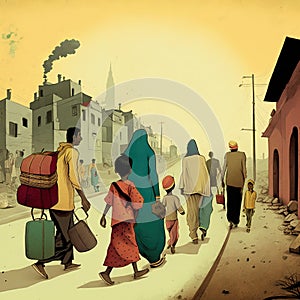 World Refugee Day. 20 June. International immigration concept background. People go to refugee camp