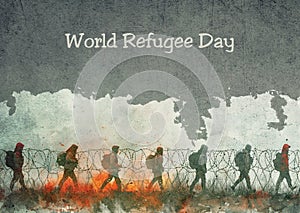World refugee day, global immigration, barbed wire, exile camp, illegal border crossing, prison fence, human rights and racism photo