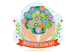 World Religion Day Vector Illustration on 17 January with Symbol Icons of Different Religions for Poster or Banner in Flat Cartoon