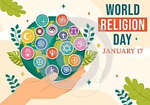 World Religion Day Vector Illustration on 17 January with Symbol Icons of Different Religions for Poster or Banner in Flat Cartoon