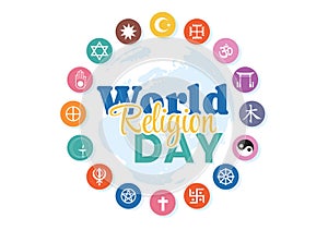 World Religion Day Vector Illustration on 17 January with Symbol Icons of Different Religions for Poster or Banner in Flat Cartoon