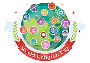 World Religion Day Vector Illustration on 17 January with Symbol Icons of Different Religions for Poster or Banner in Flat Cartoon