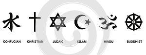 World religion symbols - Christianity, Islam, Hinduism, Confucian, Buddhism and Judaism, with English labeling. Illustration.