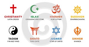 World religion symbols colored with English labeling photo