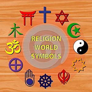 World religion symbols colored signs of major religious groups and religions at   wooden background. photo