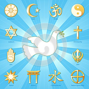 World Religions, Dove of Peace, Aqua Blue Ray Background