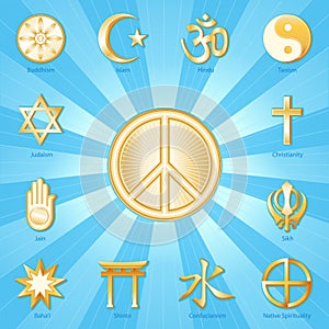 World Religions, International Peace Symbol, Aqua Blue Ray Background