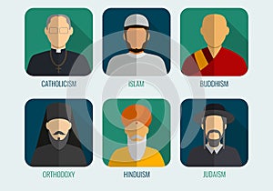 World religions monk people icons. Flat design style. Vector