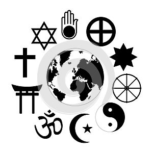 World Religions Planet Earth Flower World religions - flower icon made of religious symbols and planet earth in center. photo