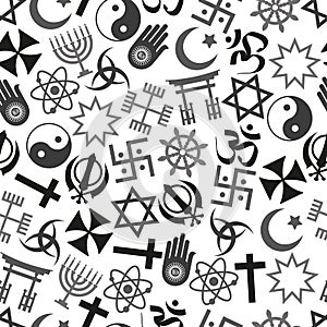 World religions symbols vector icons gray seamless pattern eps10