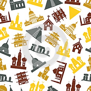 World religions types of temples icons seamless pattern