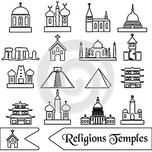 World religions types of temples outline icons