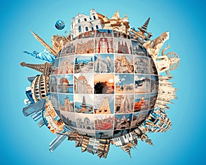 World religious and architecture monuments- collage or globe from different religions from Asia, Africa and Europe