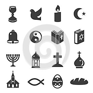 World religious symbols black icons set isolated on white. Christianity, islam, judaism, taoism.