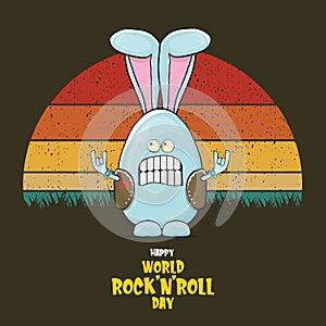 World rock n roll day poster with bunny badass and funny cartoon character isolated on vintage sun background.