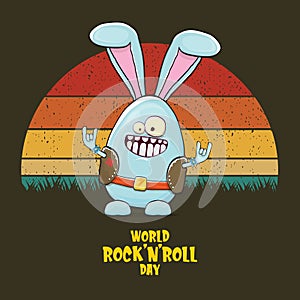 World rock n roll day poster with bunny badass and funny cartoon character isolated on vintage sun background.