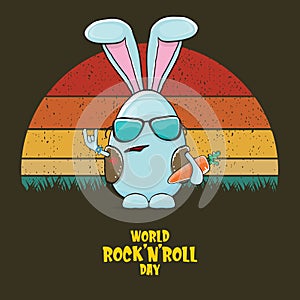 World rock n roll day poster with bunny badass and funny cartoon character isolated on vintage sun background.