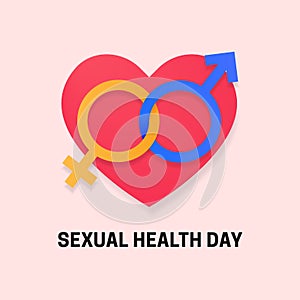 World Sexual Health Day minimal poster concept. Connected Male Female gender sex symbol with heart banner background template flat