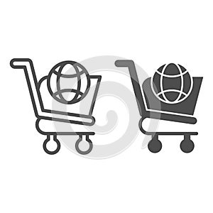 World shopping cart line and glyph icon. Global market cart with planet sign. Commerce vector design concept, outline