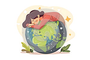 World sleep day. The girl is sleeping on the globe in a flat style. March 15.