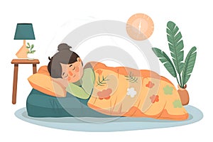 World sleep day. A girl sleeps in a bed in a flat style.