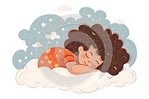 World sleep day. A little girl is sleeping on a cloud in a flat style.