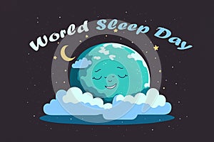 World Sleep Day postcard or banner. illustration of the lovely planet Earth sleeping on the international holiday