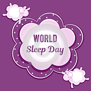 World Sleep Day. Sheep from the clouds fly with his eyes closed. Space for text.