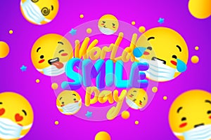 World smile day. Joyful yellow faces in masks make cute grimaces universal celebration laughter.