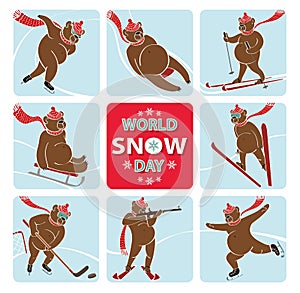 World snow day.Bear plays winter sport