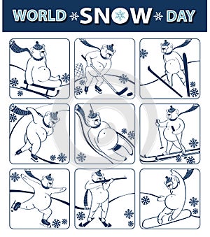 World snow day.Bear plays winter sport.Icons