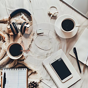 World socialmedia day, A creative flat lay of a smartphone coffee cup notepad.