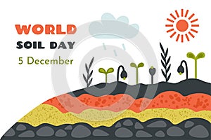 World soil day. Different Ground cross sections. Natural soil, sand, clay, stones, minerals, plants, flowers. Rain and sunshine