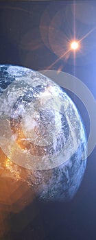 World on space, rising Sun over Planet Earth. Vertical banner resolution. Realistic Planet Earth 3D rendering