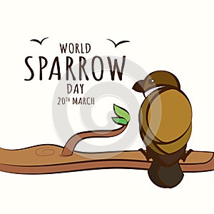 World Sparrow Day 20th March poster, bird sitting on tree branch cartoon illustration vector