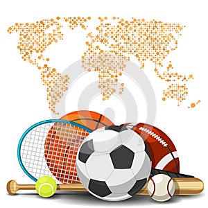 World sport deportes concept. Sports equipment with map background