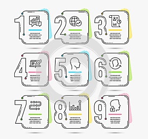 World statistics, Copyright laptop and Accounting icons. Head, Face id and Efficacy signs. Vector