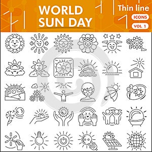 World sun day line icon set, summer symbols collection or sketches. Solar energy thin line linear style signs for web