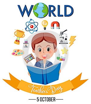 World Teacher`s Day banner with a female teacher and school objects