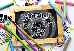 World Teacher`s Day Text. Wooden Frame Blackboard Between School