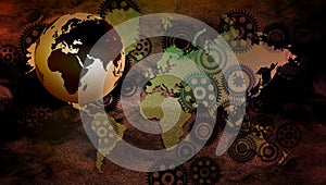 World Technology Business Banner cogs Background. Connected Technology World Globe Google. vector illustration.