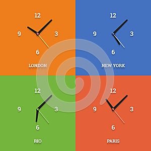 World time clocks in flat style on color squares.