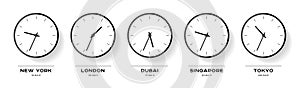 World time. Simple Clock icons in flat style. New York, London, Dubai, Singapore, Tokyo. Black Watch on white background. Business