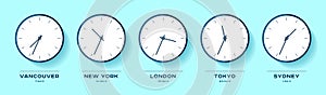 World time. Simple Clock icons in flat style. Vancouver, New York, London, Tokyo, Sydney. Watch on color background. Business illu