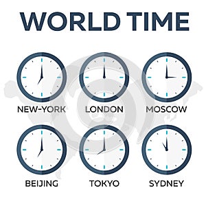 World time. Watch. Time zones. Vector flat illustration.